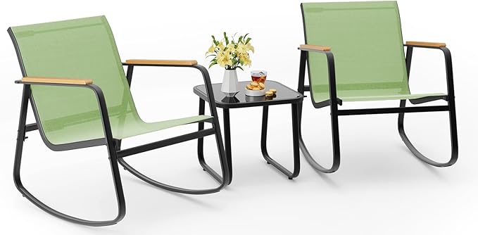 Aiho 3 Piece Patio Bistro Set, Textilene Outdoor Furniture Set with Patio Rocking Chairs with Wooden Armrests and Glass Table for for Lawn, Porch, Balcony, Poolside(Green)