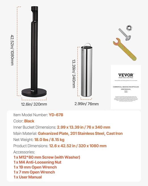 VEVOR Cigarette Butt Receptacle, Commercial Cylinder Cigarette Butt Container, Freestanding and Weatherproof Outdoor Cigarette Butt Disposal for Garden, Office, Restaurant, Hotel, Bar, Patio, Black
