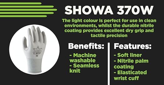 SHOWA Atlas 370 Nitrile Palm Coated General Purpose Work Gloves with Nylon Liner, White, Large (12 Pair)