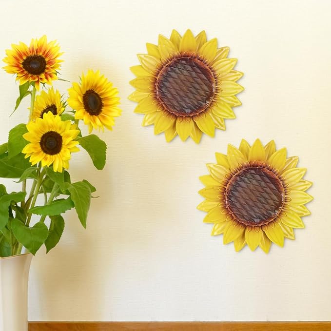 hogardeck Metal Sunflower Wall Decor - 2 Pcs 11'' Metal Flower Wall Art Outdoor Backyard Decorations Sunflower Kitchen Bathroom Decor Hanging for Indoor, Outdoor, Living Room, Bedroom