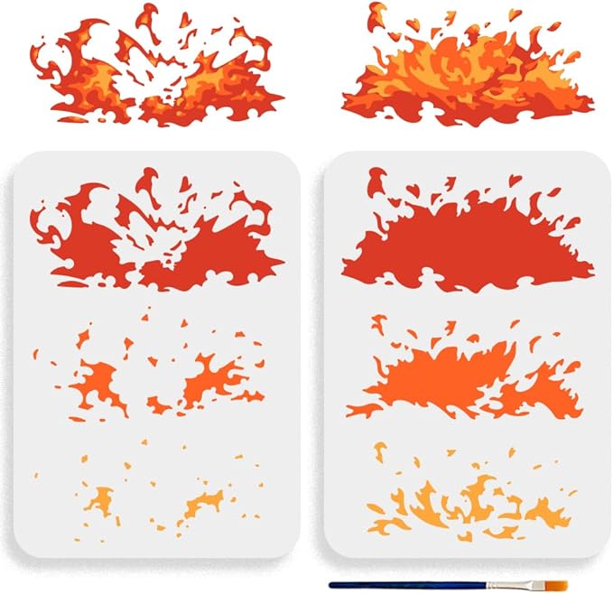 MAYJOYDIY 2 Pack Reusable Flame Stencils (11.7x8.3 inch) - Layered Fire Design Template for Painting on Wood, Canvas, Walls, Furniture - Includes Paint Brush