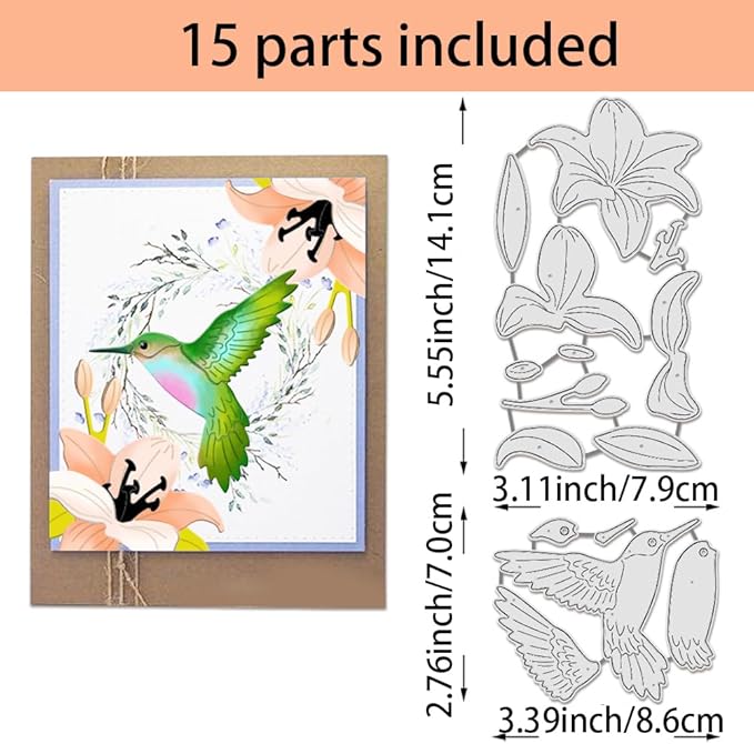 BENECREAT 2pcs Bird Flower Metal Die Cuts, Hummingbird Lily Leaves Cutting Dies Cut Stencils Embossing Stencils Template for Paper Card Making Decoration DIY Scrapbooking Album Craft Decor