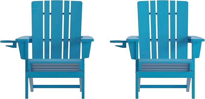 Flash Furniture Halifax Adirondack Chairs with Cup Holders, Weather Resistant Poly Resin Adirondack Chairs, Set of 2, Blue