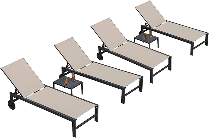 PURPLE LEAF Outdoor Chaise Lounge with Wheels for Outside 4 Pieces Aluminum Patio Lounge Chair with 5 Adjustable Position Recliner for Patio, Beach, Yard, Pool, Side Table Included, Beige