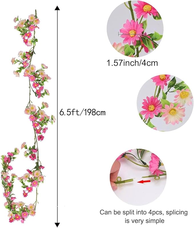 6.5ft Silk Flower Garland Pink Wildflower & Artificial Daisy Vine with 88 Blooms – Realistic Spring Floral Hanging Vines for Wedding Arch, Baby Shower, Party Backdrop, and Home Wall Decor