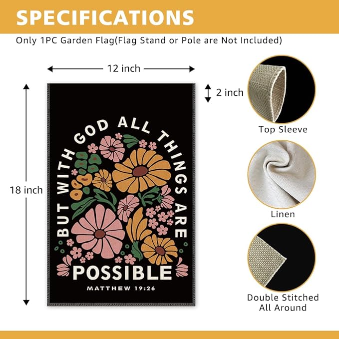 But With God All Things Are Possible Garden Flag, Religious Spring Garden Flag for Outside, Matthew 19:26 Double Sided Farmhouse Lawn Porch Yard Banner, Christian Gifts for Mom Family Neighbor