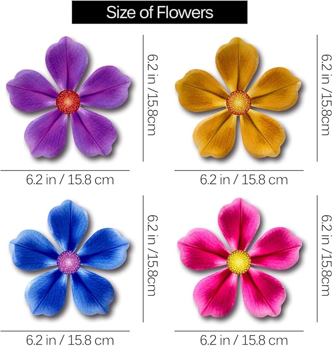 Giyyomtr Flowers Outdoor Wall Decor - 4 Pack 6.2'' Metal Flower Wall Art Hanging Decorations for Outdoor Fence Garden Yard Patio Decor, Gift for Mom Friends