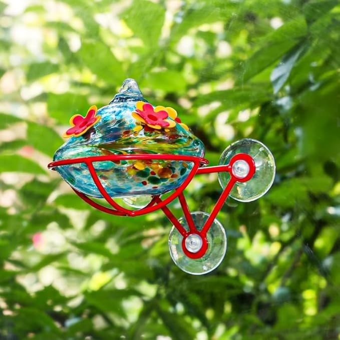 Window Hummingbird Feeder - Hand Blown Glass Mounted Hummingbird Feeder with Strong Suction Cups for Outdoor Window Mount (Blue)