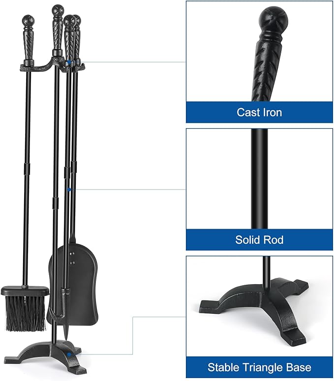 Fireplace Tool Sets with Stand Cast Iron Fire Tools Fireplace Accessories Wood Burning with Poker Shovel Brush Wood Stove Tools Black