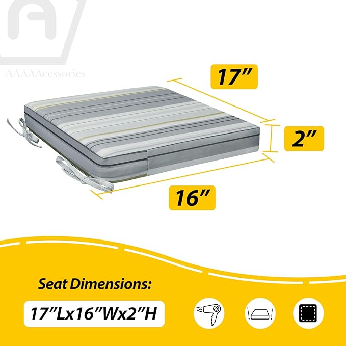 AAAAAcessories Outdoor Seat Cushions for Chairs, Waterproof, Fade-Resistant, 17" x 16" x 2", Patio Furniture Replacement Cushions, Set of 2, Ash Blue Harbor Stripe