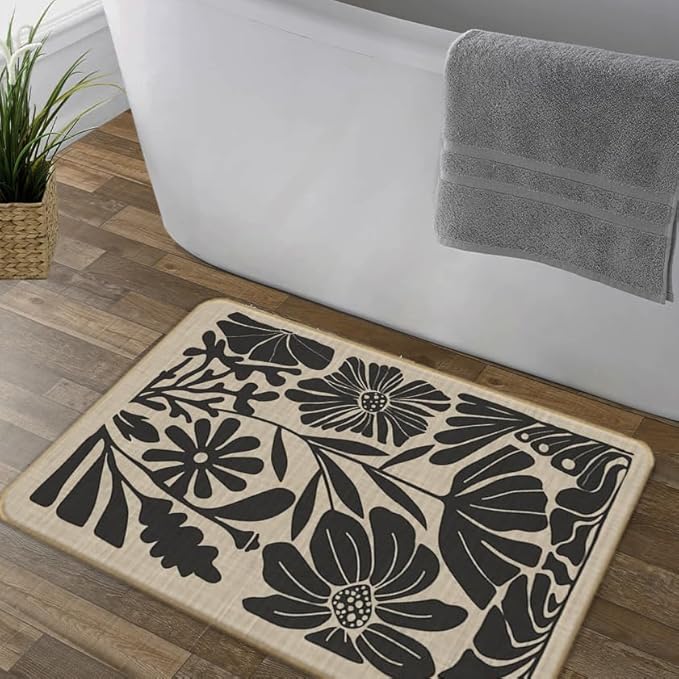 Boho Beige and Black Floral Door Mat - Bohemian Neutral Floral Front Door Welcome Mats Outdoor Entrance, 17x30 Rug