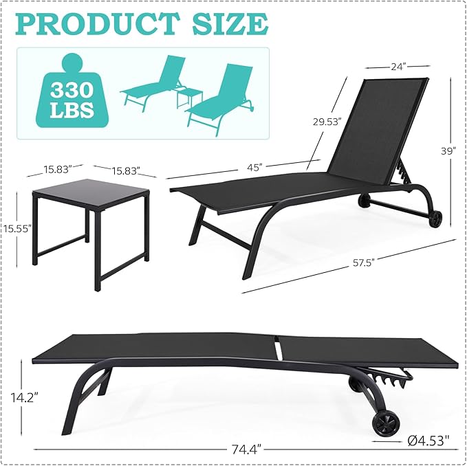 EROMMY Patio Chaise Lounge Chair Set of 2 with Table, Adjustable Backrest & Wheels, Oversized 26" W Outdoor Poolside Recliners for Garden, Deck, Lawn, Backyard