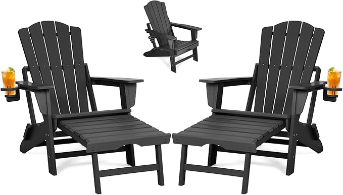 Folding Adirondack Chair with Retractable Ottoman Set of 2, All Weather Fire Pit Chairs with Cup Holder, Outdoor Chair with Ottoman,Black
