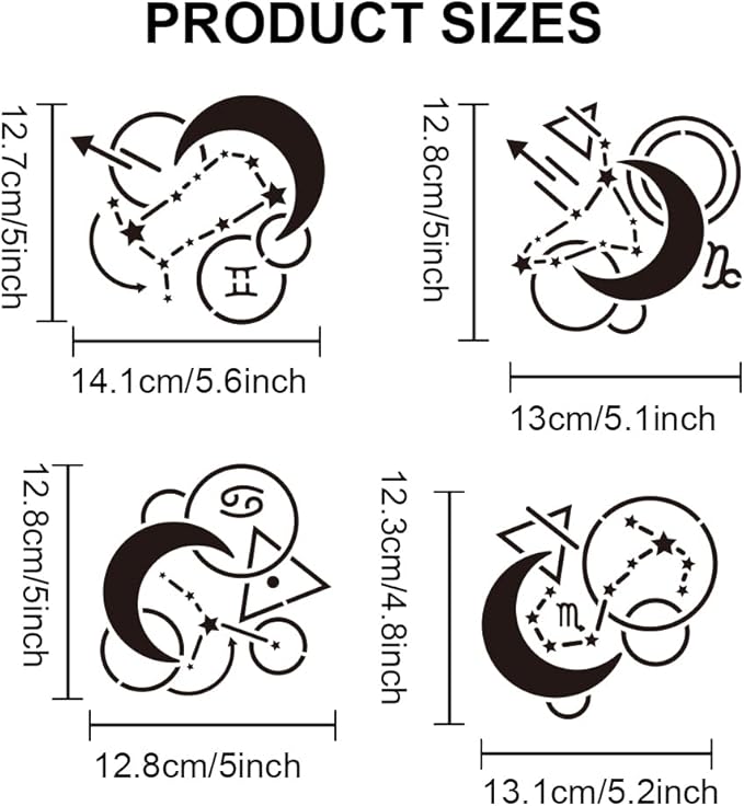 MAYJOYDIY 3pcs 12 Zodiac Signs Stencil 11.8×11.8inch 12 Constellations Symbols Stencils with Paint Brush Astrological Horoscope Drawing Template for Craft Furniture Fabric Wall