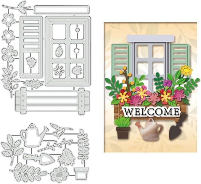 BENECREAT 2pcs Windowsill Garden Cutting Dies, Window Flower Beds Plants Stencils Decorative Embossing Stencils for Scrapbooking, Photo Album, Greeting Card Making, 0.8mm Thick