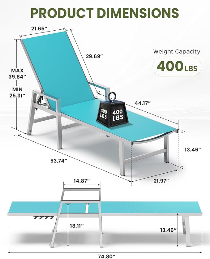 Patio Chaise Lounge Chair Outdoor with Wheels&Armrests, Aluminum Pool Lounge Chairs 5-Position Adjustable Recliner, Outdoor Beach Lounge Chairs for Poolside, Patio, Deck, Yard, Lake Blue