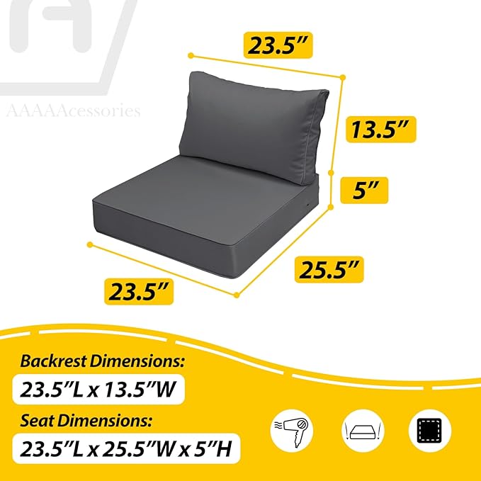 AAAAAcessories Outdoor Deep Seat Cushions, Waterproof, Fade-Resistant Patio Furniture Replacement Cushions, 23.5" x 25.5" x 5" + 23.5" x 13.5", Set of 4, Dark Gray