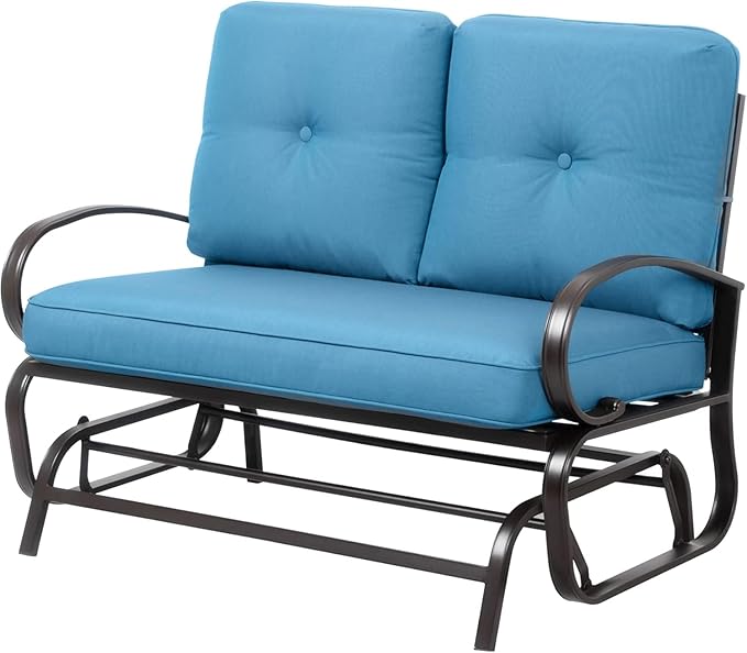 Shintenchi Metal Outdoor Patio Swing Glider Bench, Loveseat Rocking Chair, Wrought Iron Patio Furniture Steel Frame Glider Chair with Cushion for Porch, Balcony, Garden(Ocean Blue)