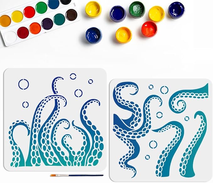 MAYJOYDIY 2pcs Octopus Tentacles Stencil 11.8×11.8inch Summer Sea Life Painting Stencils with Paint Brush Sea Creatures Bubbles Drawing Template for Bathroom Home Decor Walls Furniture