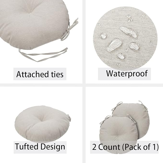Bistro Chair Cushions 15 inch,Set of 2,Tufted Round Chair Cushions with Ties,15"x15"x4",Water Resistant Round Seat Cushion for Barstool Chairs,Patio Garden Kitchen Outdoor Furniture(Light Brown)