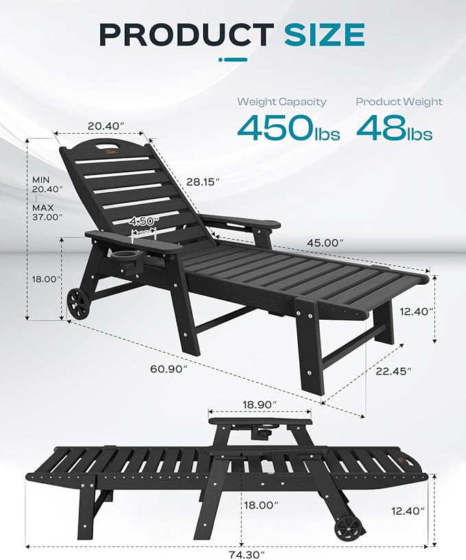 Ciokea Lounge Chair Outdoor, Oversized Chaise Lounge Chair with 5 Positions, HDPE, Patio Lounge Chair with Wheels & Cup Holder for Pool, Deck, Poolside, Black