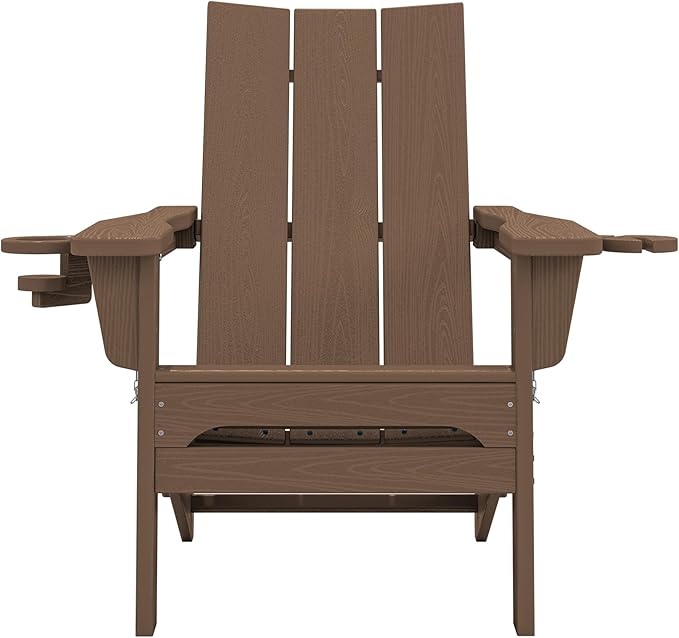 SERWALL Modern Adirondack Chair, Folding Adirondack Chair with Cup Holders, Outdoor HDPE Fire Pit Chair for All Weather Use, Brown