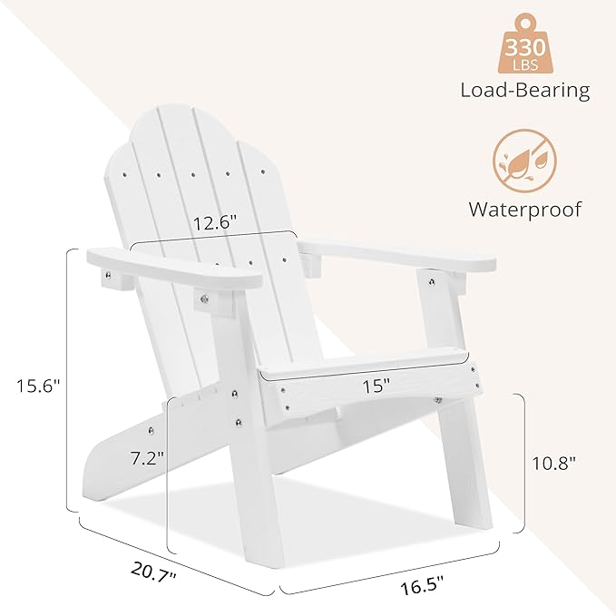 LUE BONA Kids Adirondack Chair, White Poly Lumber Plastic Chair, Toddler Adirondack Chair Weather Resistant, Kids Outdoor Patio Adirondack Lounge Chair for Balcony, Backyard