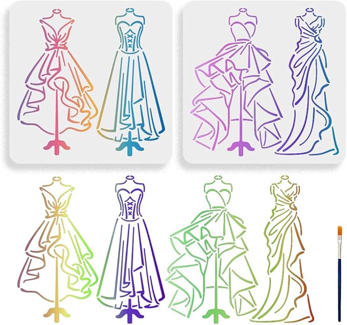 MAYJOYDIY 4 Styles Dress Stencils for Painting 11.8x11.8inch Formal Evening Wedding Dress Drawing Templates with Paint Brush for Art Crafts Wall Furniture