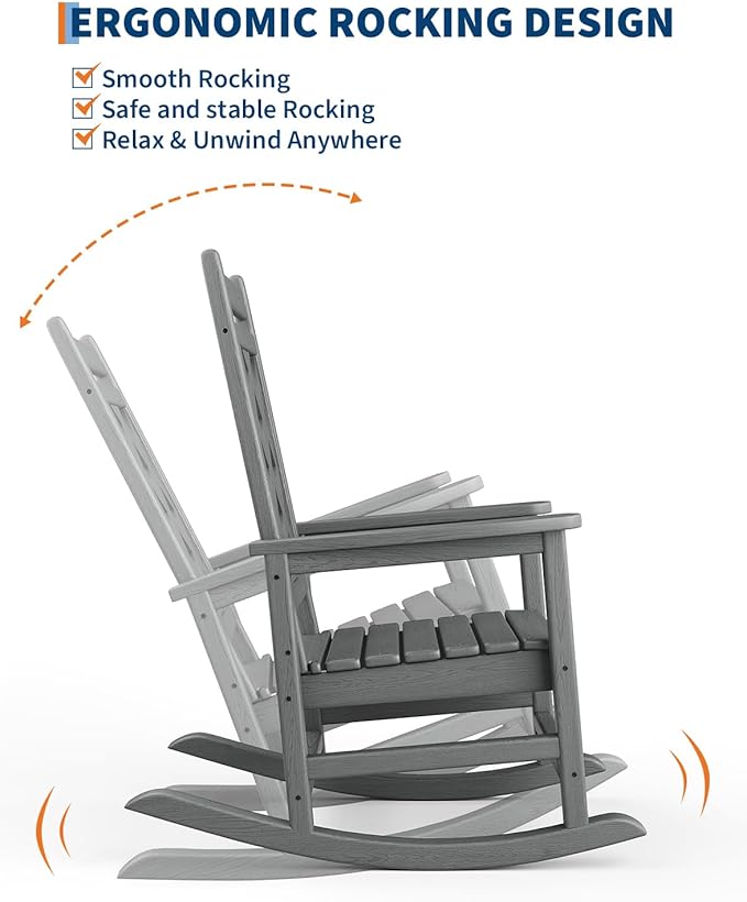 GarveeLife Outdoor Rocking Chair Set of 2 with Side Table, HDPE Weather Resistant Patio Rocking Chair Porch Rocker with Wood Texture & 380 LBS Support for Deck, Pool, Backyard, Gray