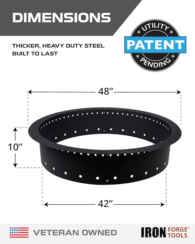 Iron Forge Tools Fire Pit Ring 48 Inch Outer/42 Inch Inner - Outdoor Heavy Duty Metal Round Smokeless Fire Ring Insert Liner - Utility Patent Pending (48x42x10)