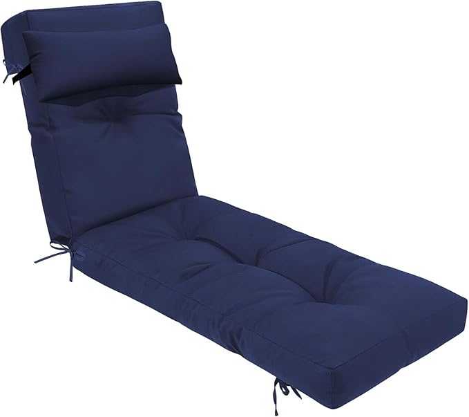 Waterproof Lounge Chair Cushion Outdoor for Chairs, Fade Resistant Chaise Lounger Replacement Cushions with 6 Ties, Thickened Memory Foam Pool Lounge Chair Cushions, 76 x 22 x 4.7 Inches, Blue