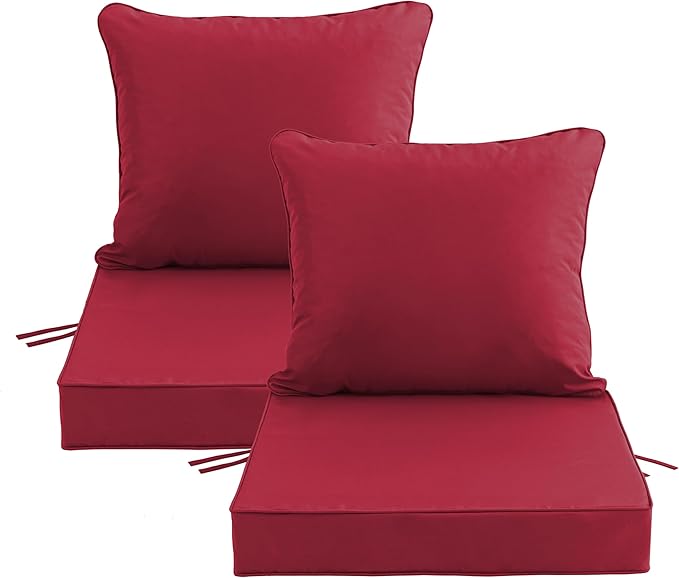22x22 Inch Patio Chair Cushions Set of 2, Outdoor Furniture Cushions - Removable Cover, Water-Repellent, Fade-Resistant, Non-Slip Bottom & Straps, Replacement for Lawn, Porch & Deck Chair - Burgundy
