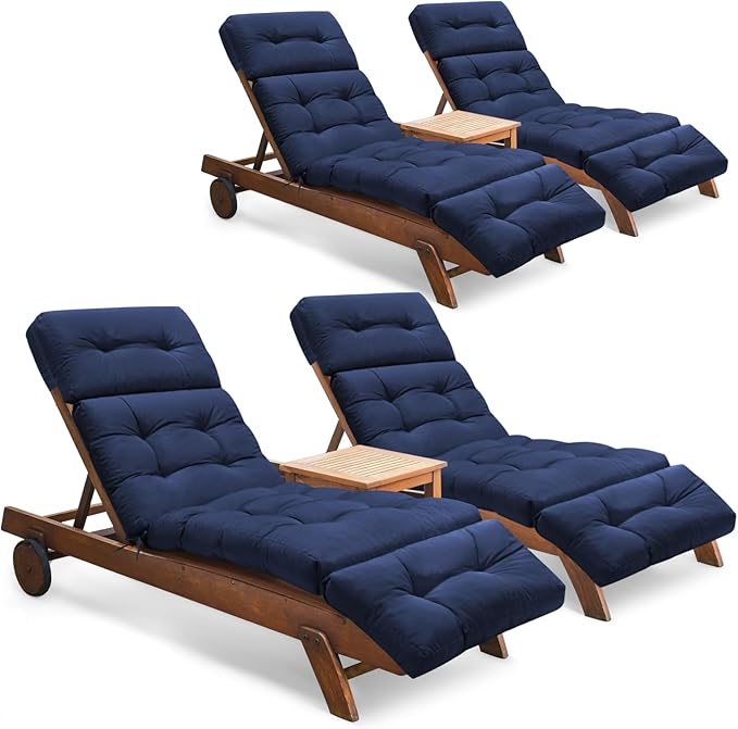 Outdoor Chaise Lounge Chair Cushion Set of 4, Thickened 74.4 x 22 x 4.7 Inches Memory Foam Waterproof Lounge Chair Cushions Replacement for Outdoor Furniture with Ties, Blue