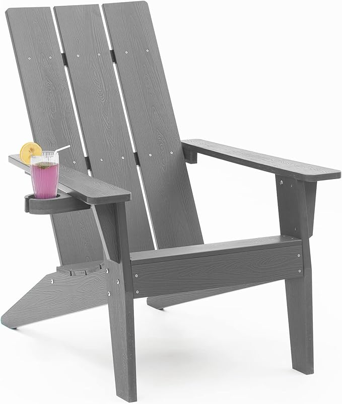 MXIMU Modern Adirondack Chair Weather Resistant with Cup Holder Oversized Fire Pit Chairs Adorondic Plastic Outdoor Chairs for Firepit Area Seating (Grey)