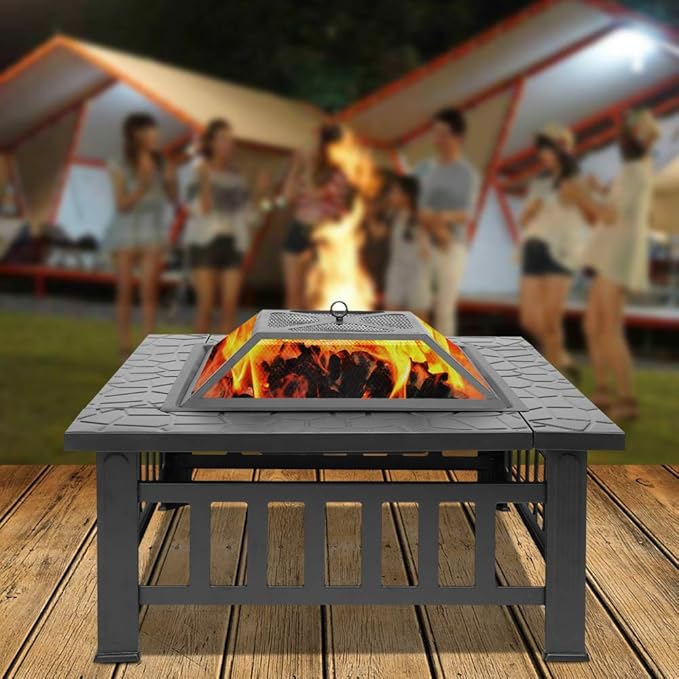 VINGLI 32in Wood Fire Pit with Mesh Lid and Fire Poker, Portable Outdoor Fireplace Burning FirePit for Chrismas Backyard Patio Outside Picnic BBQ Party