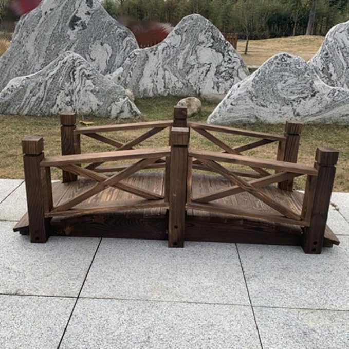 Wooden Bridge with Handrails, Sturdy Garden Bridge, All-Solid-Wood Small Garden Bridge, Suitable for Stream, Pond and Courtyard