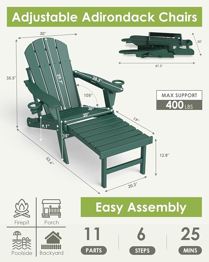 GREENVINES Adjustable Adirondack Chair with Retractable Ottoman Set of 4 | Folding | HDPE Plastic | Fire Pit Chairs w/Foot Rest | 2 Cup Holders | Forest | for Outdoor Patio Poolside Deck