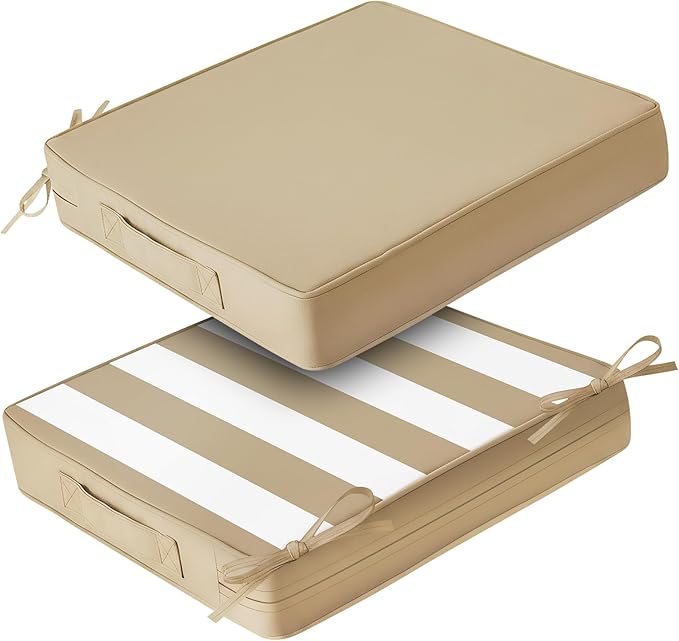 Amagenix Outdoor Chair Cushions Set of 2, 17"x16"x3" Waterproof Outdoor Seat Cushions for Patio Furniture, Stripe Reversible Patio Cushions with Ties & Handle & Hidden Zipper, Fade-Resistant,Beige