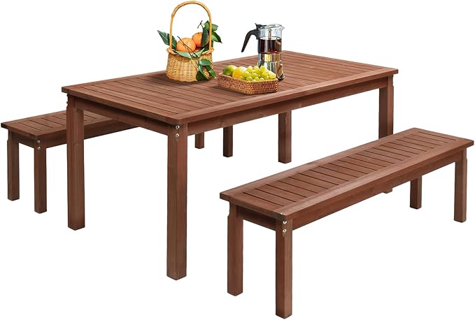 VINGLI 3-Piece Outdoor Dining Set, 69" Rectangular Wood Patio Table with 2 Benches, All-Weather Brown Fir Patio Furniture Set for Garden, Backyard, Lawn & Deck