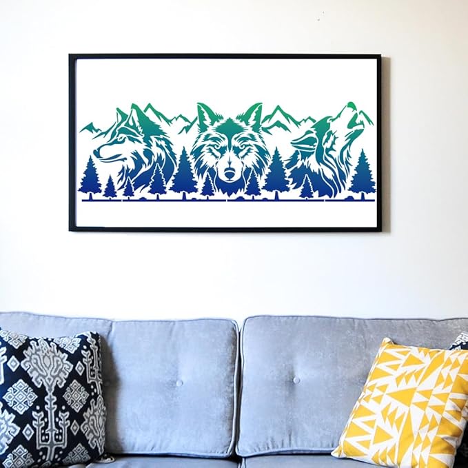 MAYJOYDIY Wolf Mountain Forest Stencils, 33x10 inch, 3 Piece Set with Paint Brush, Drawing Template for Wall Craft