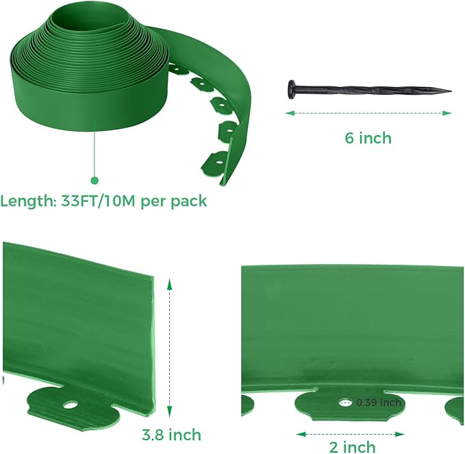 4-Inch x 33 FT Landscape Edging Border with 50 Spikes, Garden Edging Lawn Edging Border Kit, Plastic Edging Border Flexible for Garden Flower Beds Lawn Yard Pathway (Green)