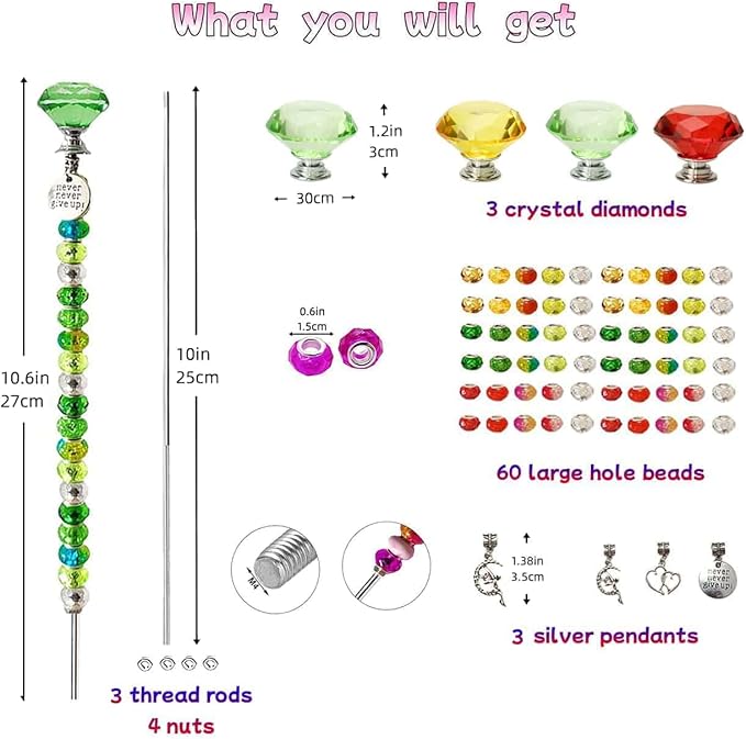 72Pcs Beaded Garden Stakes Kit - DIY Fairy Wand Garden Stake Beads Kit, Fairy Garden Accessories Outdoor for Different Festivals, Garden Stake Decorative Diamond-(Red+Green+Yellow)