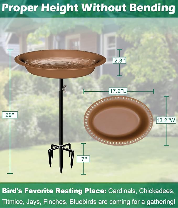 29 Inch Height Detachable Bird Bath with Metal Stake Stand, Oval Shape Birdbath Bowl Spa & Birdfeeder with 5-Prong Base for Outdoor Garden, Brown