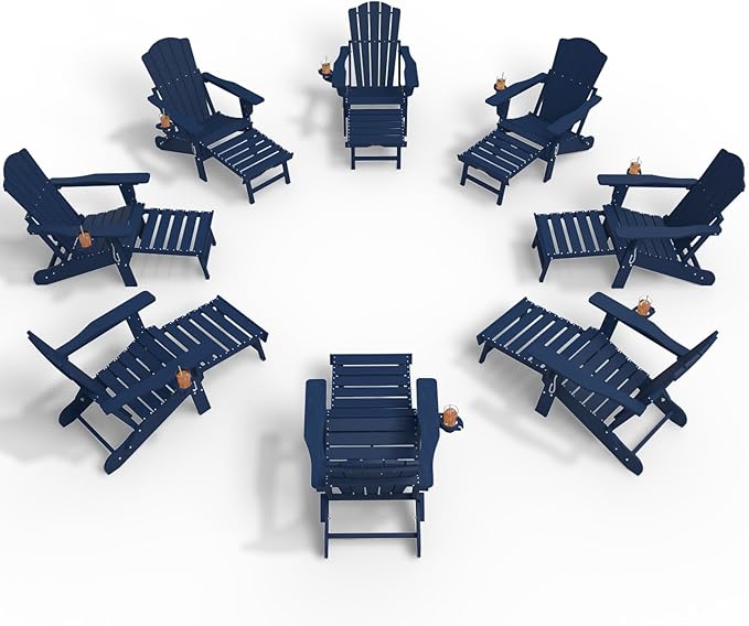 Folding Adjustable Adirondack Chairs with Ottoman & 1 Cup Holders Set of 8, HDEP Multifunctional Adirondack Chair with Footrest,Navy Blue