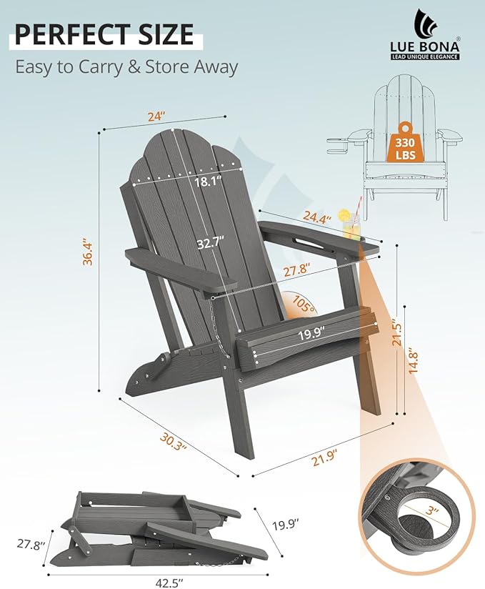 LUE BONA Folding Adirondack Chair, Chairs Set of 2, Cup Holder, Woodgrain, Fire Pit, Patio, Pool, Dark Grey