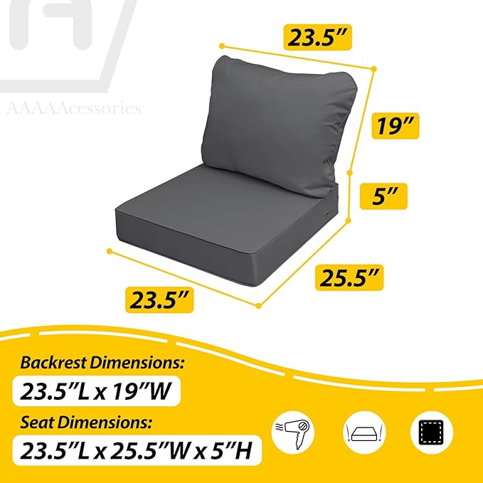 AAAAAcessories Outdoor Deep Seat Cushions, Waterproof, Fade-Resistant Patio Furniture Replacement Cushions, 23.5" x 25.5" x 5" + 23.5" x 19", Set of 4, Dark Gray