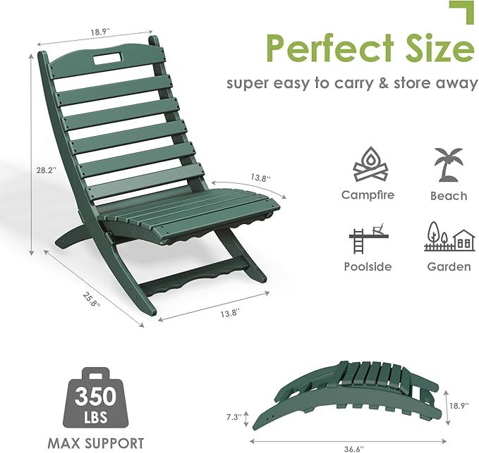 GREENVINES Folding Wave Chairs Set of 4 | Xavier | Portable Adirondack Chair | HDPE | All Weather | Forest | for Fire Pit Beach Poolside Outdoor Deck Garden Patio Porch Fishing