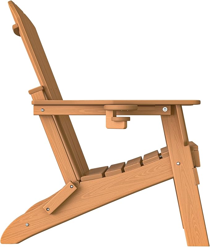 Plawdlik Folding Adirondack Chair Set of 2,Cup Holder,SGS Tested, Wooden Textured,Heavy All-Weather HDPE Comfortable Set,Poolside Backyard Lawn Use,Teak