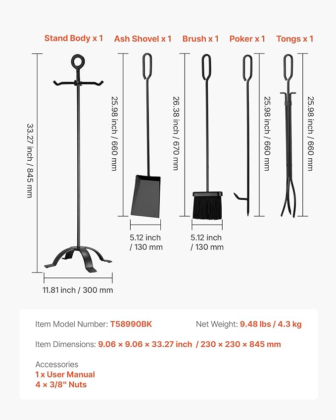 VEVOR Fireplace Tool Set, 5 PCS Fire Tool Set and Holder with Four-Prong Stand, Tongs, Ash Shovel, Brush, Fire Place Poker, Wrought Iron Fireplace Accessories for Campfire Indoor/Outdoor, Black