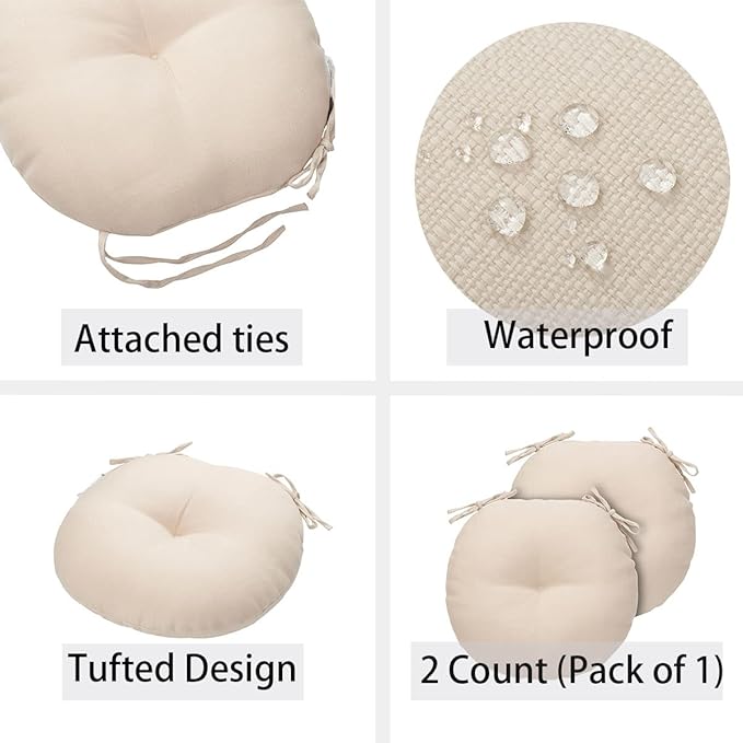 Bistro Chair Cushions 15 inch,Set of 2,Tufted Round Chair Cushions with Ties,15"x15"x4",Water Resistant Round Seat Cushion for Barstool Chairs,Patio Garden Kitchen Outdoor Furniture(Antique Beige)